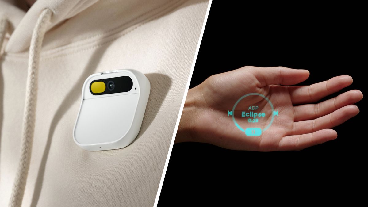 The Human AI Pin on a hoodie and a hand showing its laser projector